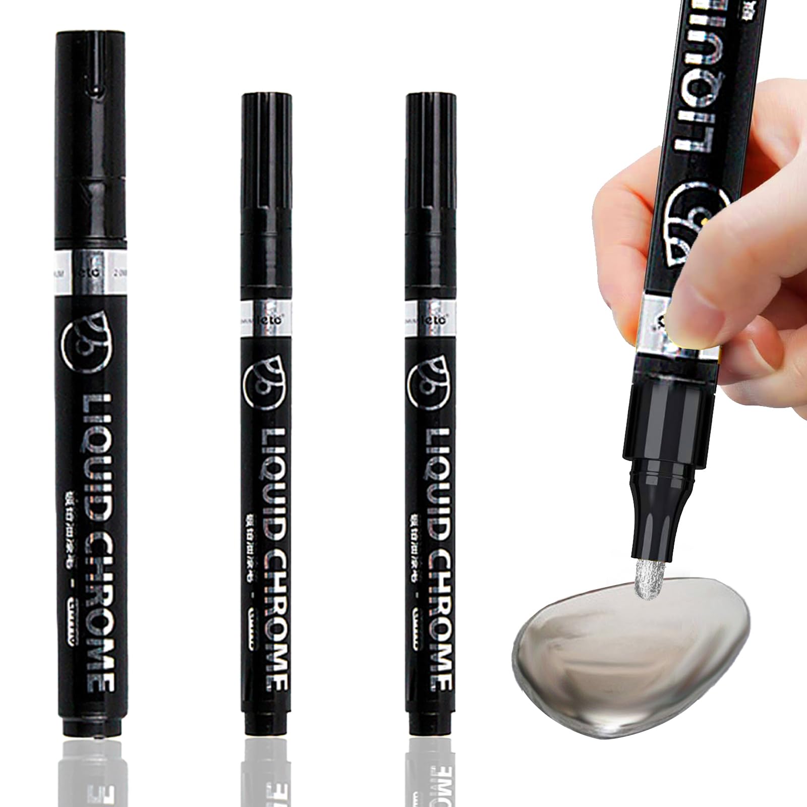QttvbTna 3 marcadores metálicos plateados cromados, bolígrafo de pintura cromada reflectante impermeable, pintura acrílica espejo, bolígrafo cromado líquido permanente brillante para modelo de metal