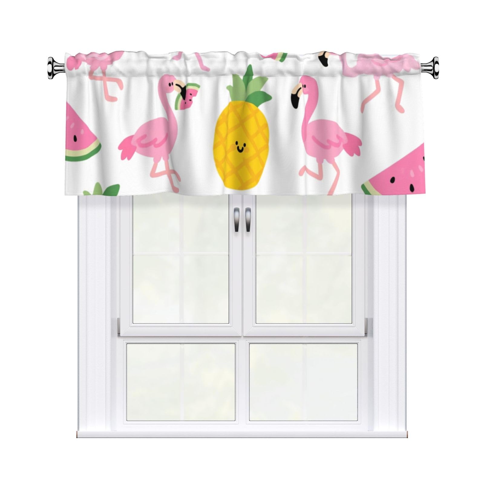 FekiLoot Flamingo Watermelon Pineapple Curtain Valance for Windows, Kitchen Window Valances Rod Pocket Window Treatments Short Curtains Drapes for Bathroom Bedroom Cafe Decor 54x18inch 1 Panel