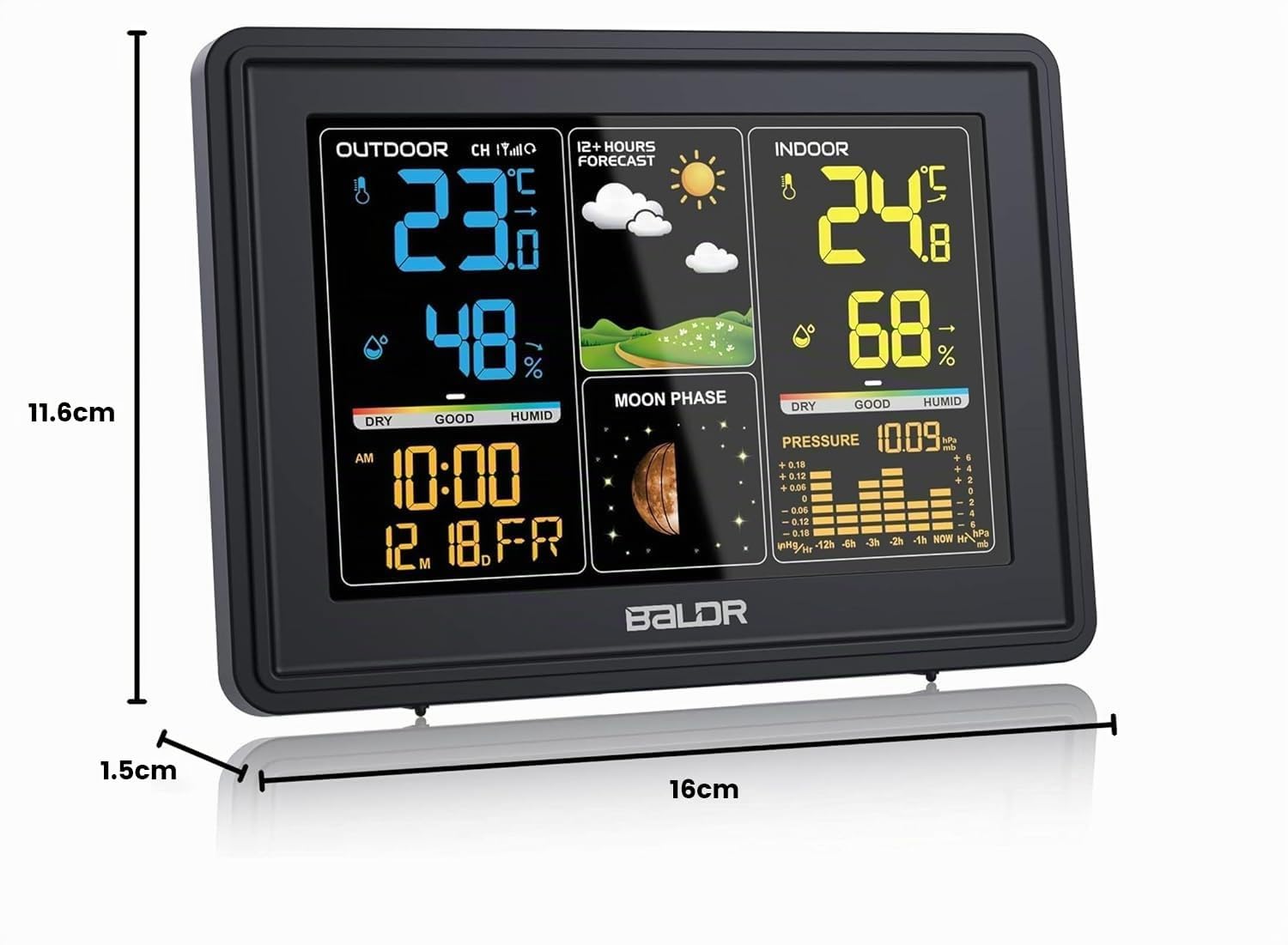 BALDR Stazione Meteo con Sensore Esterno, Display a Colori, Orologio Radiofonico DCF, Previsioni del Tempo, Barometro, Fasi Lunari, Termometro Interno ed Esterno, Igrometro