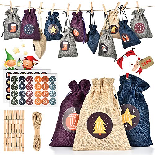 MS.DEAR 24 Adventskalender zum Befüllen, Stoffbeutel Weihnachten Geschenksäckchen Tüten mit Mini Holzklammern/Jute Hanfseile, DIY Basteln Füllung für Männer Kinder, Weihnachtskalender Sticker
