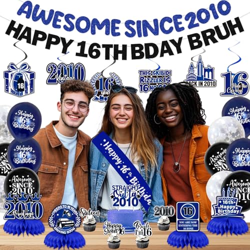 Image of 16th Birthday Decorations Boys Girls, Blue Happy 16th Birthday Party Decorations, Pre-Strung Awesome Since 2010 & Happy 16th Bday Bruh Banner, Balloon, Hanging Swirl, Cake Topper, Bday Sash Honeycomb