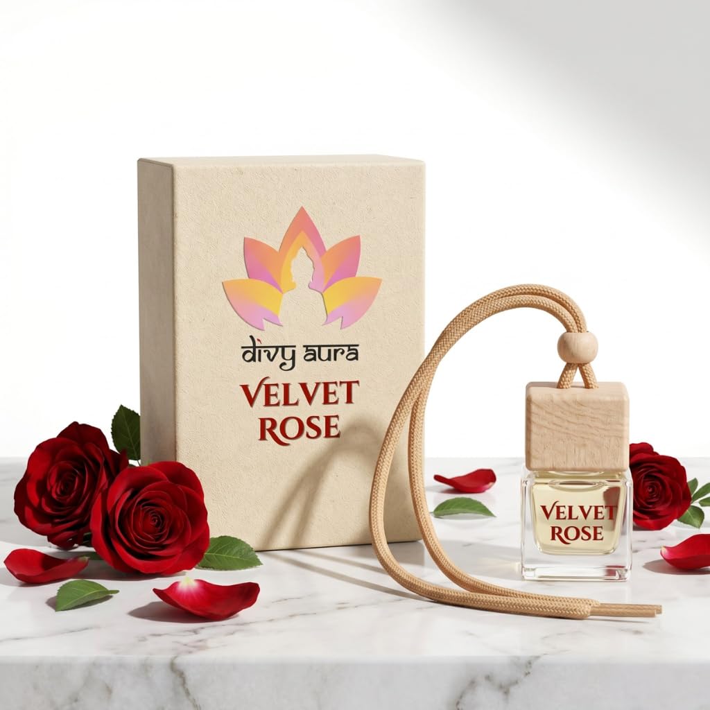 Car Diffuser Hanging Bottle | Velvet Rose | Long Lasting Car Air Freshener | 15ml Premium Fragrance Oil | Refillable Glass Bottle with Wooden Cap | Pack of 1 | Luxury Gift Box Included