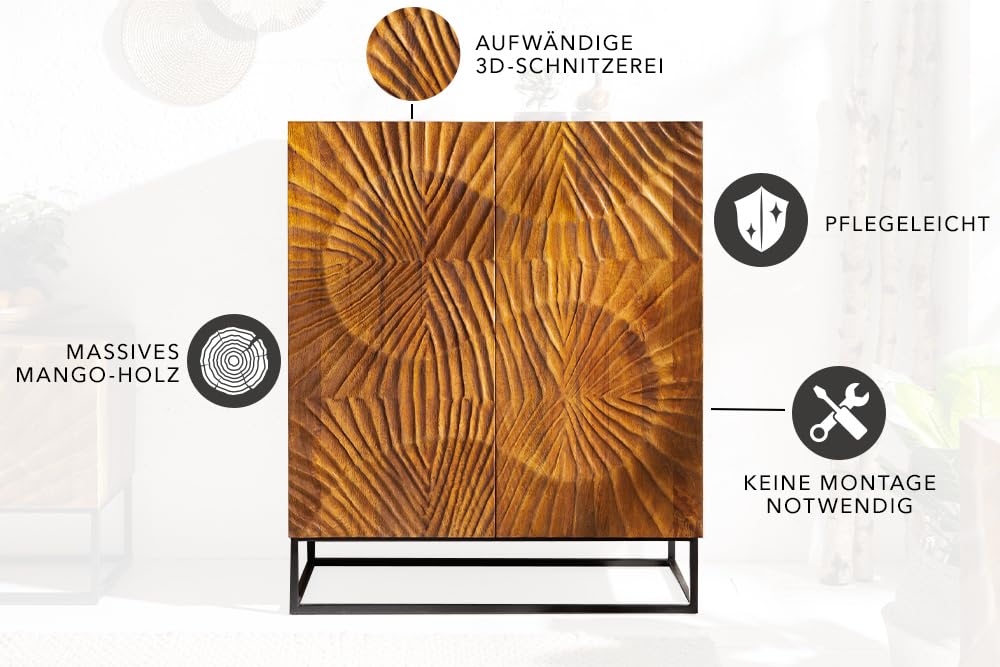 invicta INTERIOR Massives Highboard Scorpion 120cm braun Mangoholz aufwendige 3D Schnitzereien Hochschrank Schrank