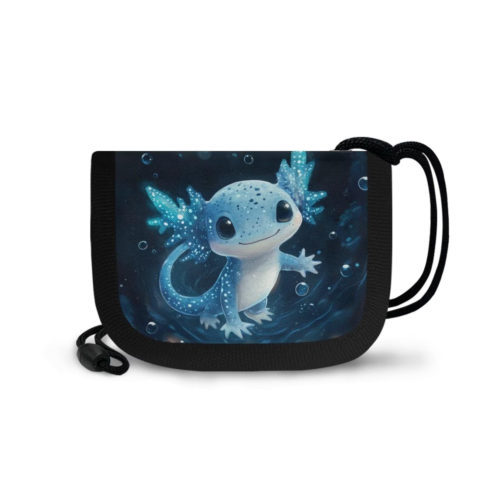 Rshubino Cute Axolotl Kids Wallet for Boys Portable Slim Purse with Lanyard Slim Novelty Credit Card Holder Coins Purse Cash Pouch Wallet for Outdoor