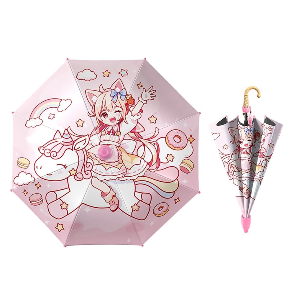 Kids Unicorn Anime Girl Umbrella with Whistle Handle, 88cm Diameter Cartoon Pink Rain Umbrella for Ages 5-8 Water-Resistant Polyester Canopy, Safe Non-Slip J-Hook Handle Kids Rain Gear-image-9