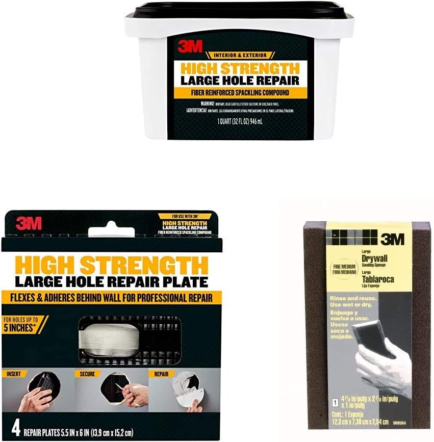 3M FPP-32-BB High Strength Large Hole Repair, Fiber Reinforced Spackling Compound, 32 oz, 32 fl. Oz with High Strength Large Hole Repair Plate and Drywall Sanding Sponge