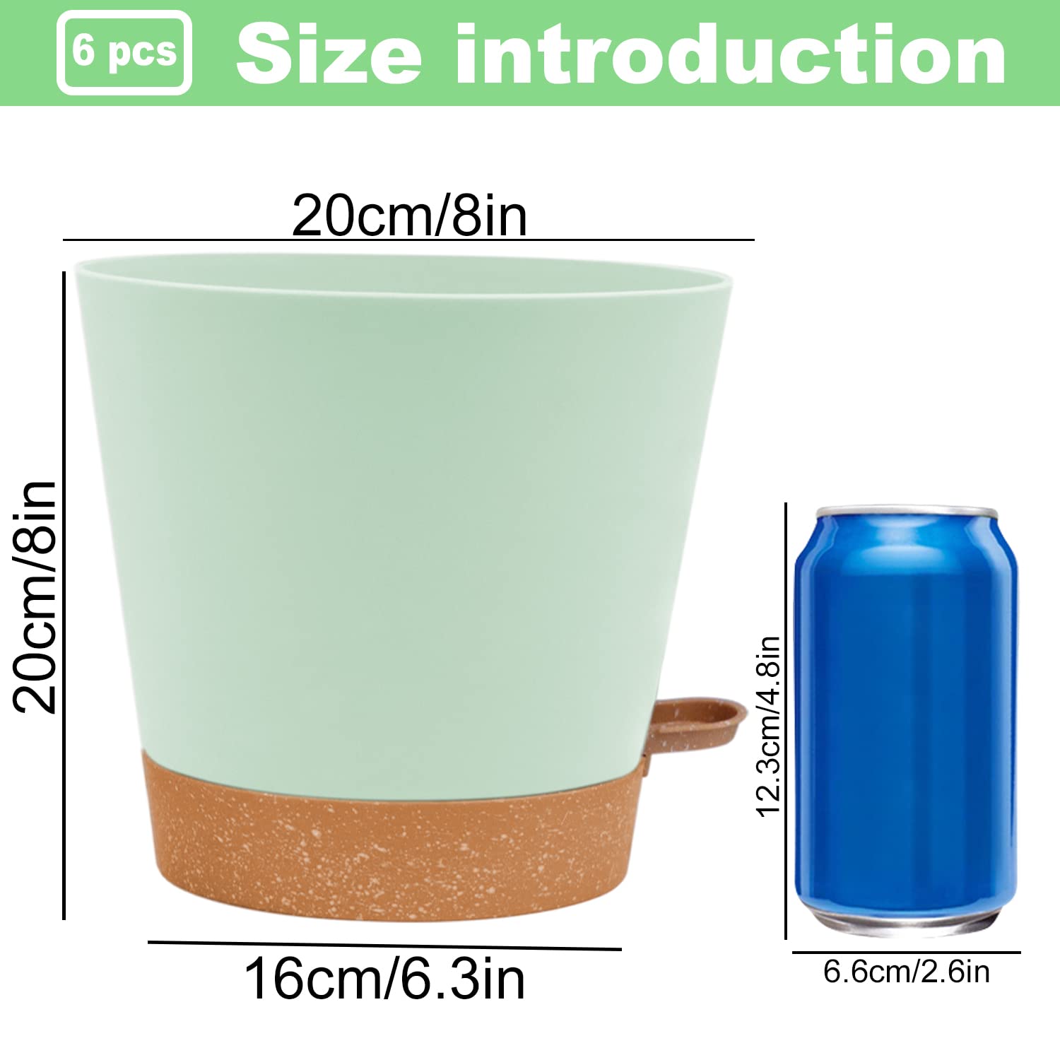 Vaso in plastica con sistema di irrigazione, set di 6 fioriere autoinnaffianti con sottovaso, vaso rotondo per piante grasse, cactus succulente, per interni e balconi (20,3 cm, verde)