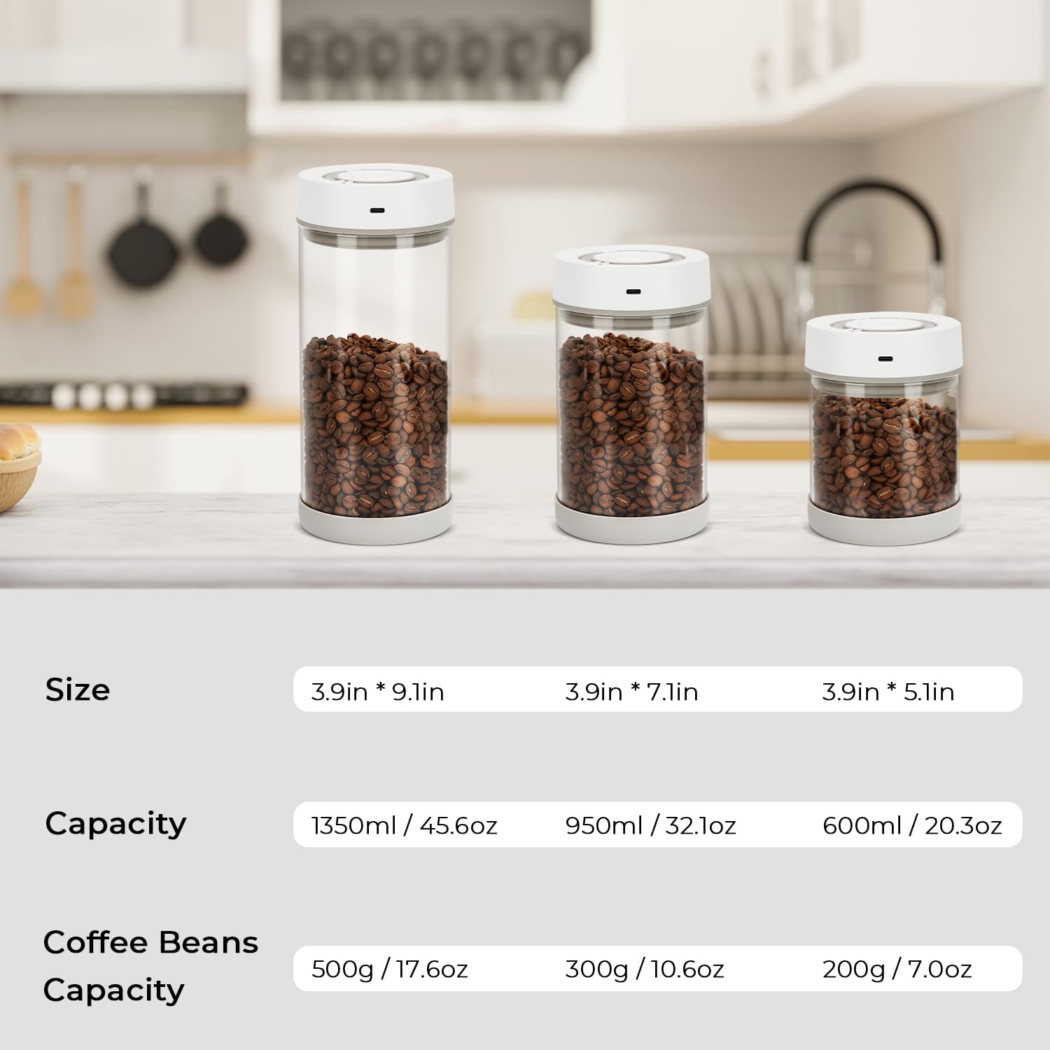 Automatische Vakuum-Kaffeedose, 1,35 l, luftdichte Kaffeedose für 530 ml Kaffeebohnen, Ein-Knopf-Bedienung & Datums-Tracker, Kaffee- und Lebensmittelaufbewahrungsbehälter, Kaffeebarzubehör