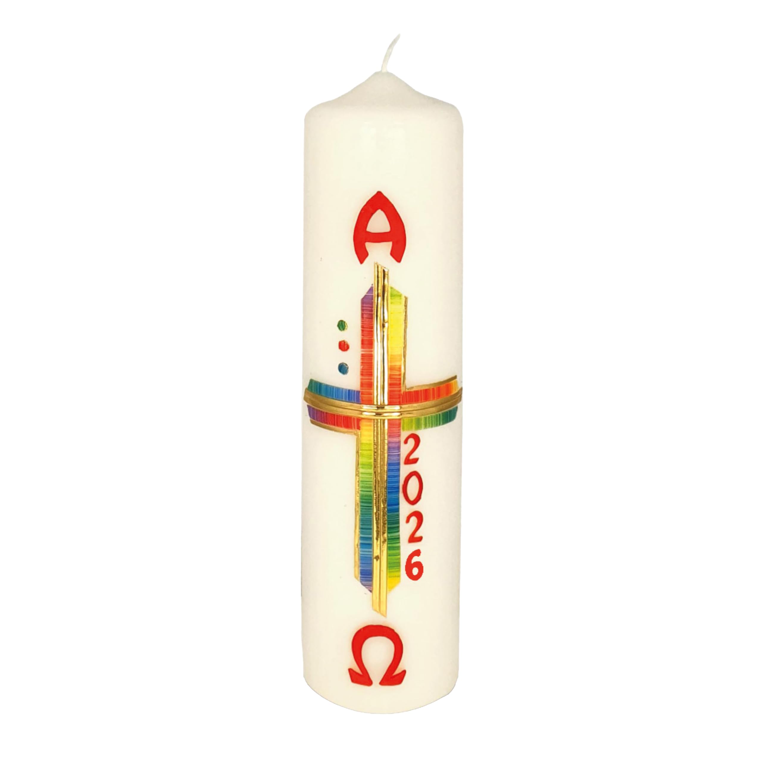 Osterkerze Regenbogenkreuz, A und O, Jahreszahl 270 x Ø 70 mm