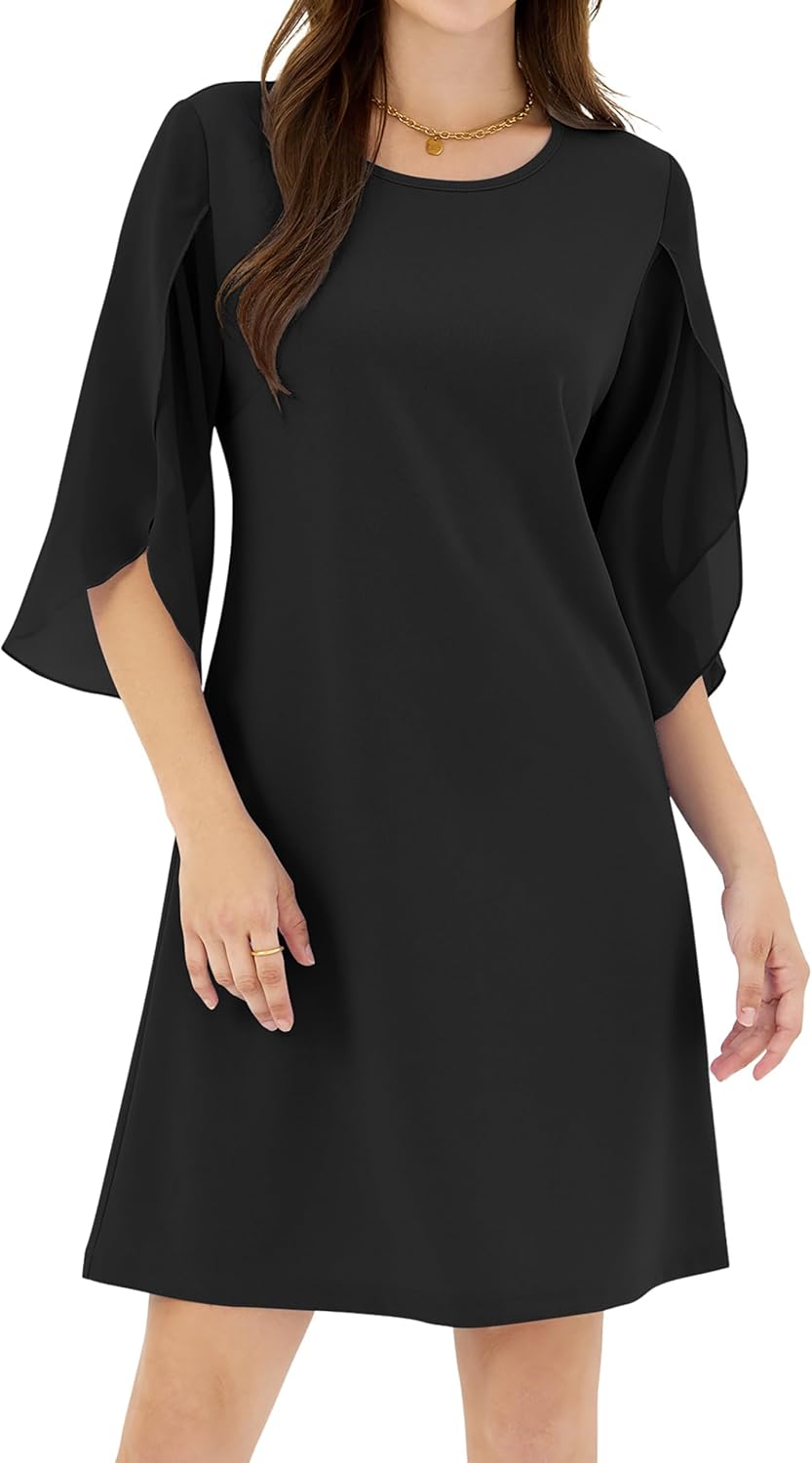 ZAFUL Women's 3/4 Flutter Chiffon Sleeve Cocktail Dress Crew Neck Formal Wedding Guest Dresses