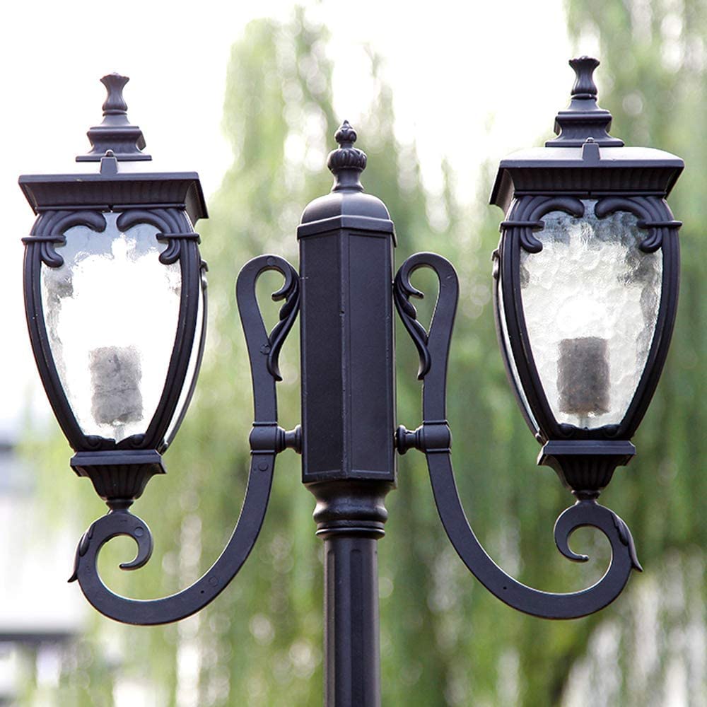 Lampadaire Colonne Robuste Et Durable De Style Rétro Européen Traditionnel pour Pelouse, Jardin Ou Parc, Étanche, Style Victorien, 2 Têtes, Douille E27, Lanterne en,Glass-260cm