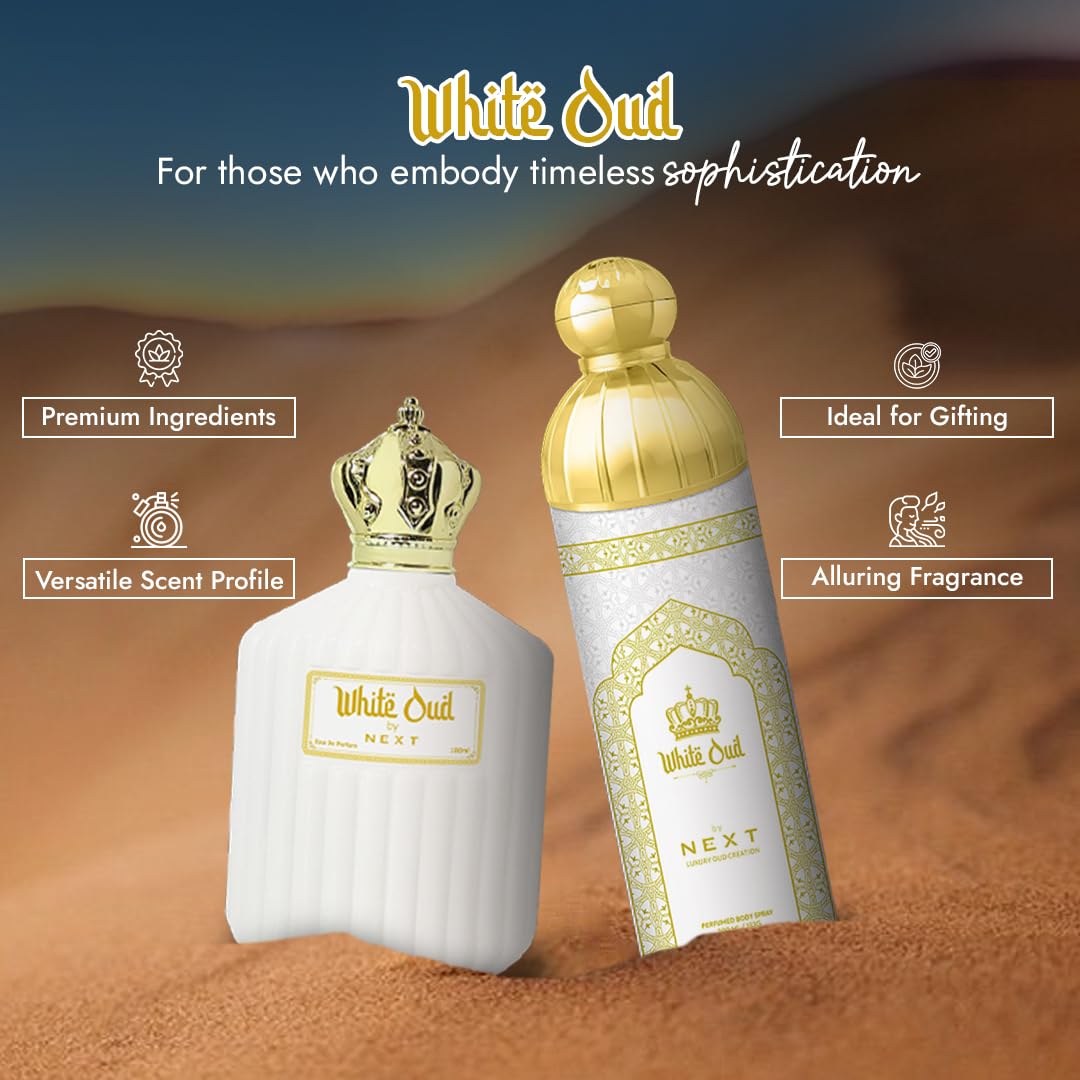 Next Care White Oud 100ml Perfume & 200ml Deodorant Combo | Long-Lasting Fragrance with Agarwood, Magnolia | Unisex Oud Perfume & Deo Set for Men & Women | Deodorant for men and women 2