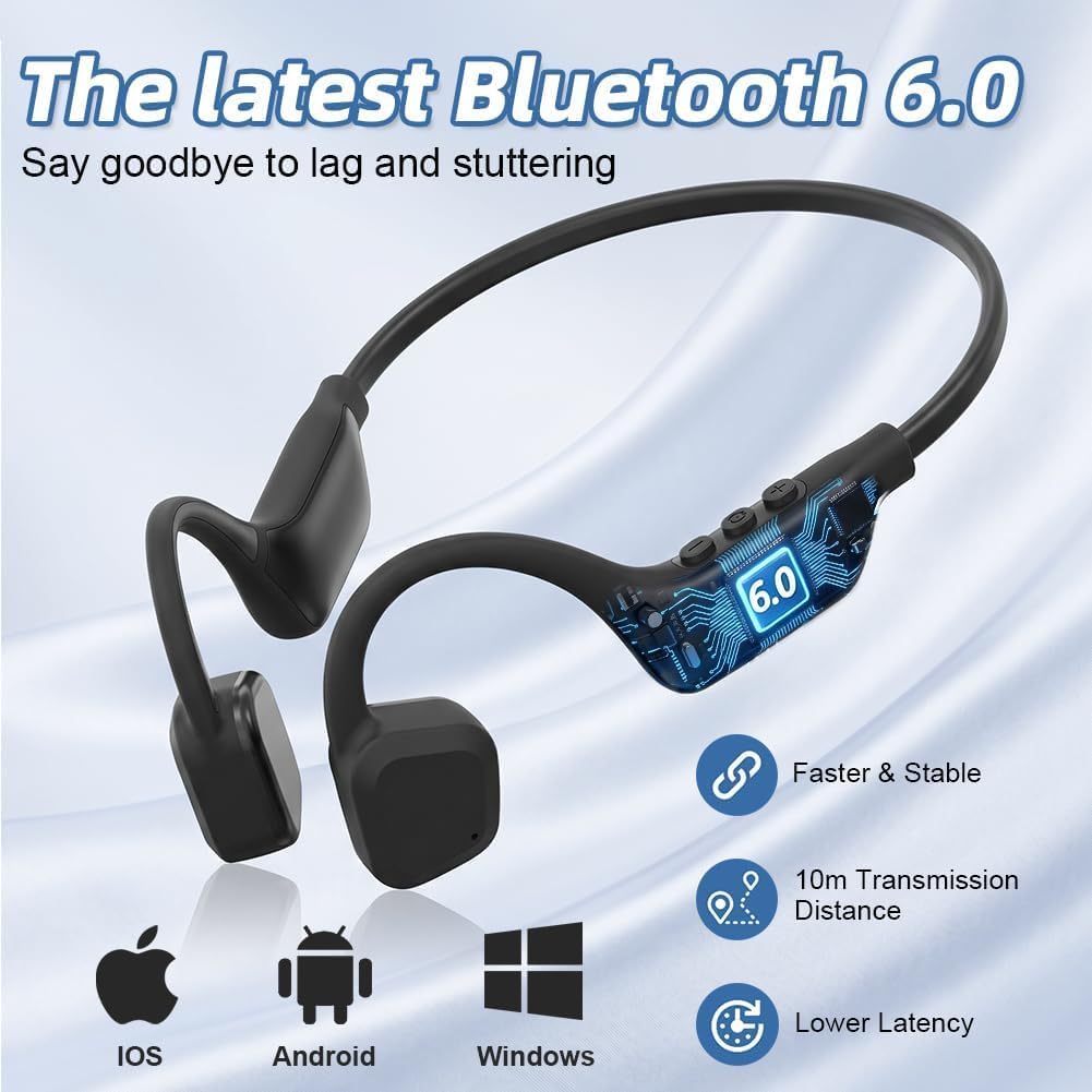Cuffie Conduzione Ossea Bluetooth 6.0, Auricolari Sportivi Bluetooth Open-ear Autonomia 14 Ore, Open-ear Cuffie LED Display, IPX8 Impermeabili, Qualità Audio HD Per Corsa Ciclismo Guida Fitness (Nero)