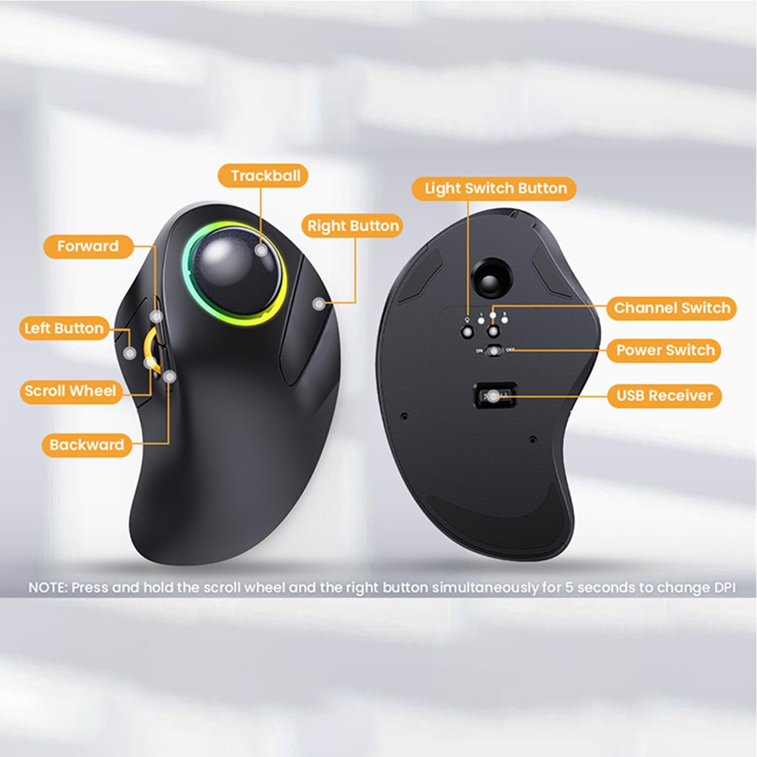 JOMAA Mouse trackball wireless Bluetooth con retroilluminazione RGB, controllo delle dita, interruttore a 3 dispositivi, silenzioso, ricaricabile, ergonomico, per ufficio, laptop, computer desktop