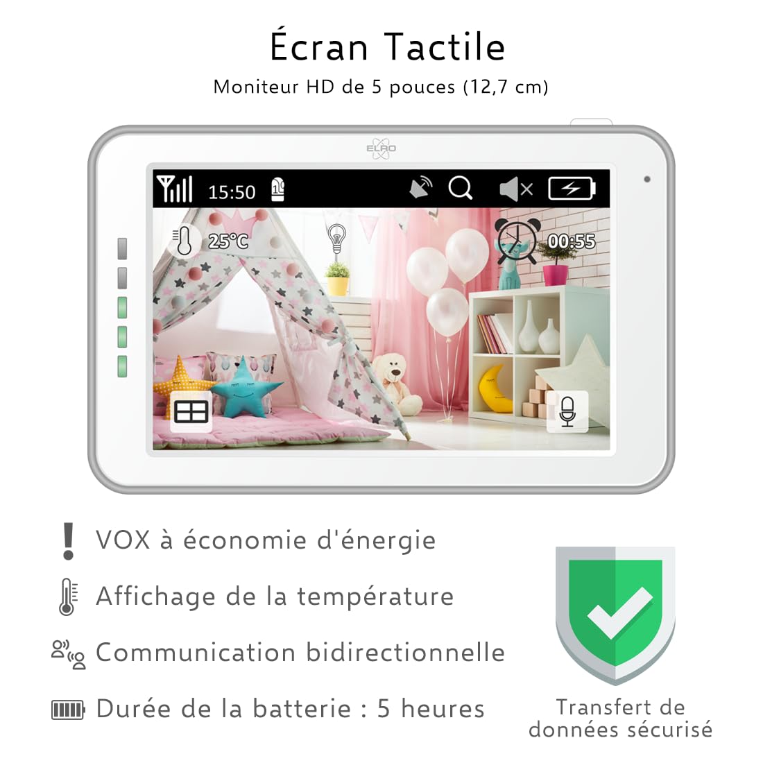 ELRO BC3000-2 Royal Baby Monitor z ekranem dotykowym 12,7 cm HD i aplikacją z dodatkowym aparatem, 1 szt. (1 szt.)