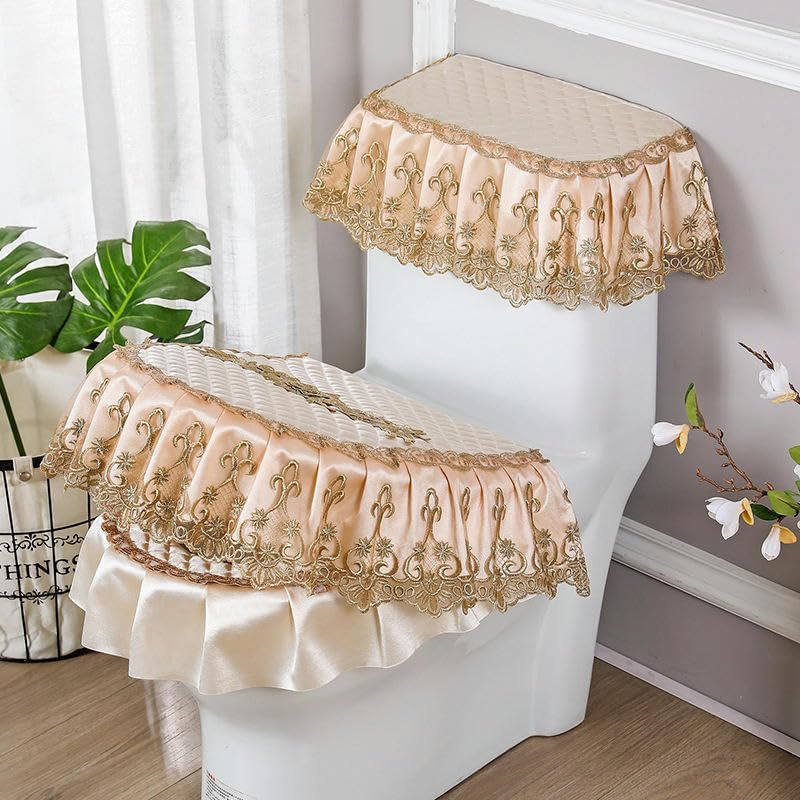Toilet Lid Cover Set,3pcs/Set Champagne Lace Embroidery Flowers Toilet Lid Cover Set Toilet Lid & Tank Covers Toilet Seat Cushion Pads Toilet Seat Warm Pad(Champagne)(Groen)
