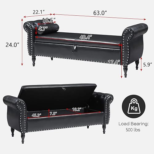 Miniatura 50 de NIOIIKIT Banco otomano de almacenamiento de 63 pulgadas, banco de entrada con botones al final de la cama, sofá otomano armado enrollado para Beige