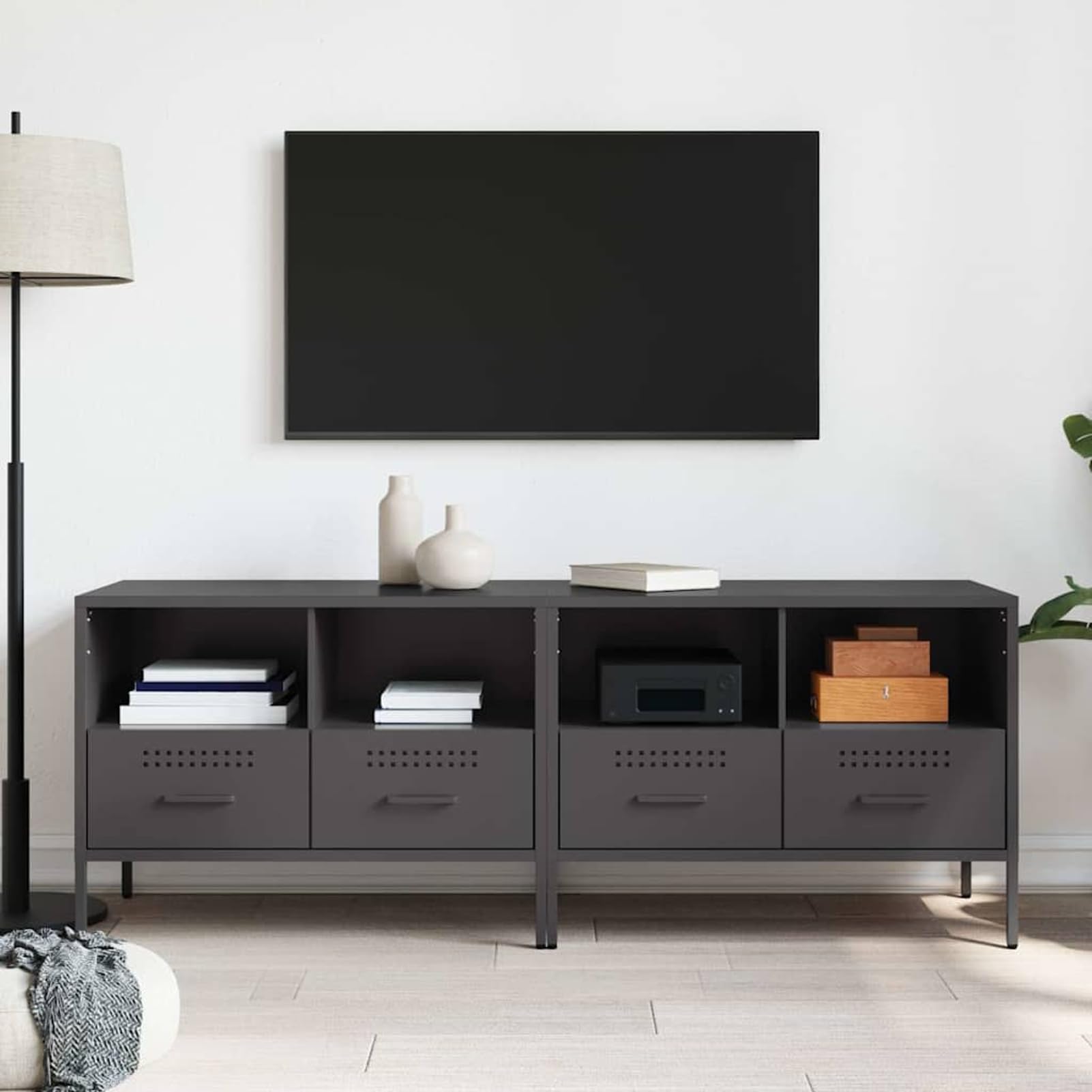 Szafki pod telewizor 2 szt. czarne ze stali walcowanej na zimno 68 x 39 x 50,5 cm z regulowanymi nóżkami do salonu i sypialni