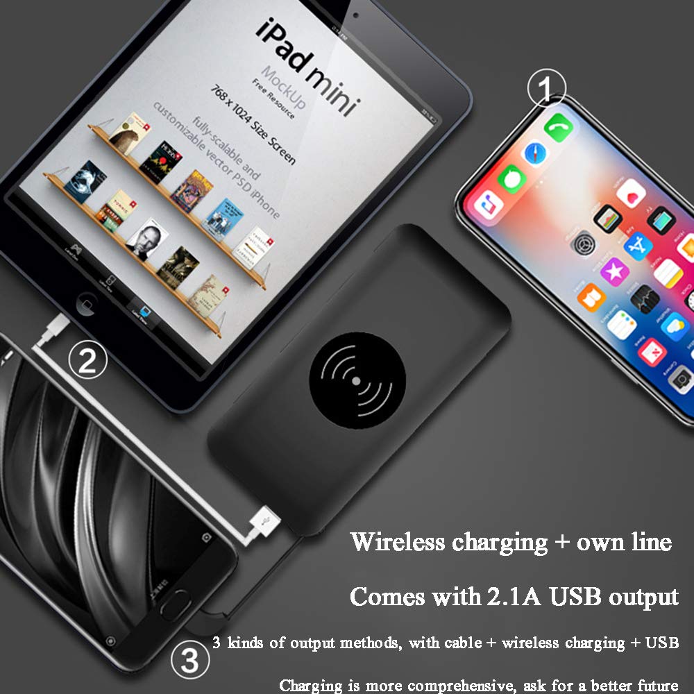 Cargador Móvil Portátil Batería Externa 10000mAh Cargador Inalámbrico Rápido Power Bank con 3 Puertos y 2 Portátil Entrada Wireless Charger para Android Phones, Smartphones