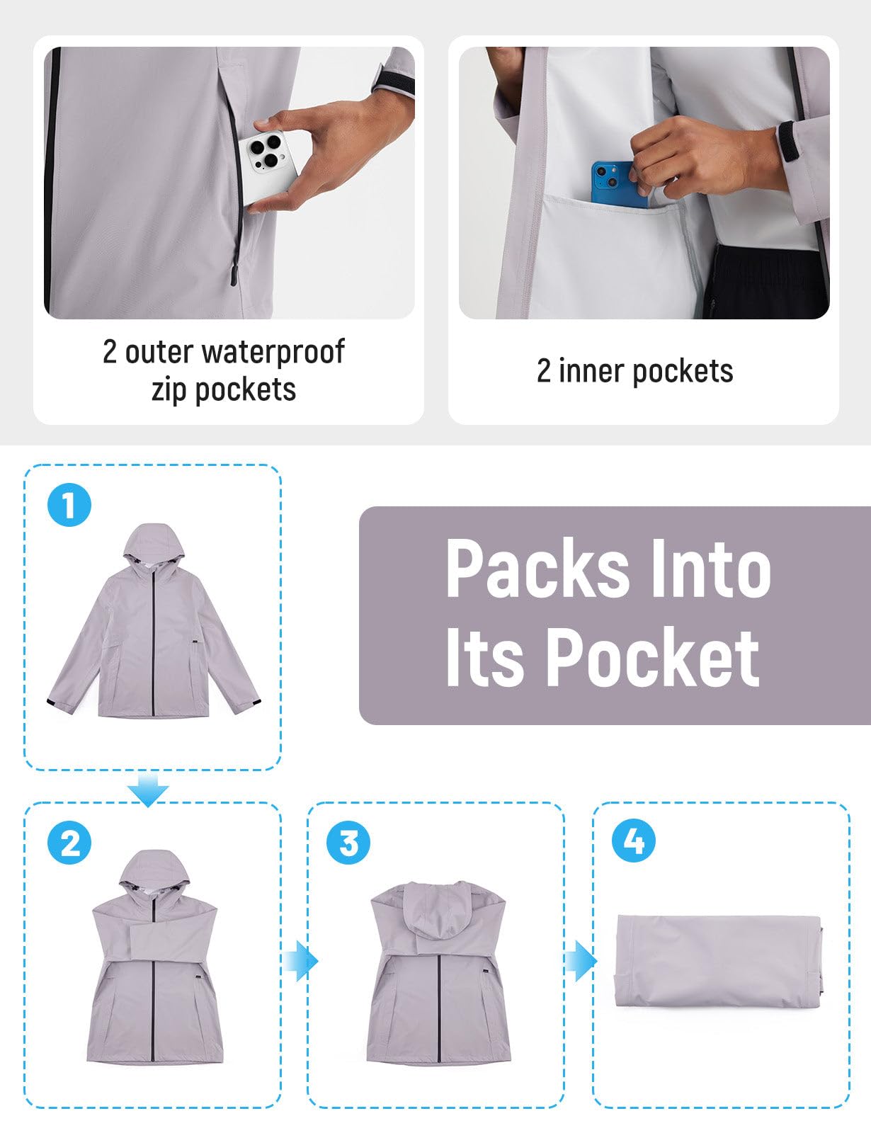 baleaf Chaqueta impermeable para hombre, ligera, plegable, para correr, ciclismo, resistente al viento, con bolsillo