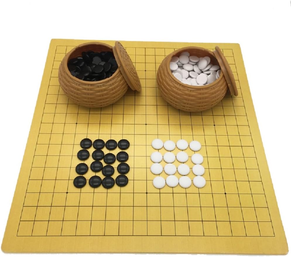 Go Chess Game Set with Plastic Stones in Imitation Straw Cans + Leather Go Board, 18.9 x 19.3 Inches