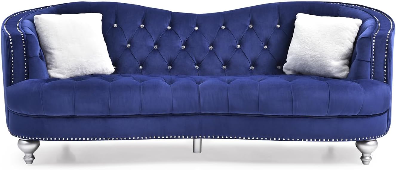 Glam Styled Blue Micro Suede Velvet 3 Seat Sofa,Couch w/Nailhead Trim
