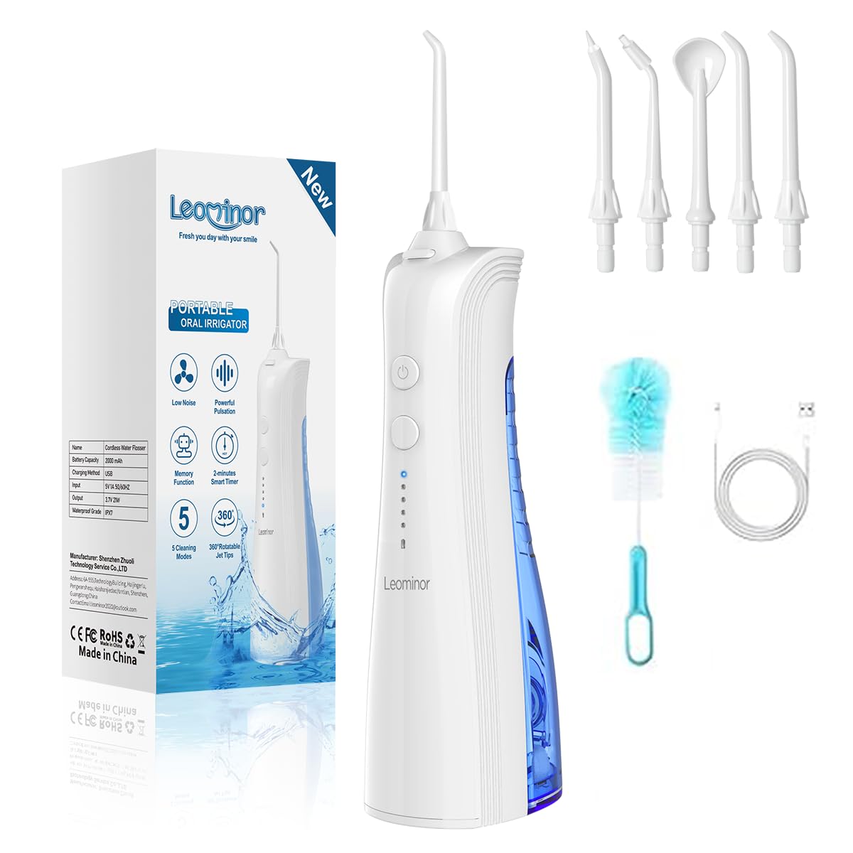 Leominor Water Dental Flosser - 5 Modes Cordless Portable Oral Irrigator IPX7 Waterproof Rechargeable Teeth Cleaner Upgrade Datchable