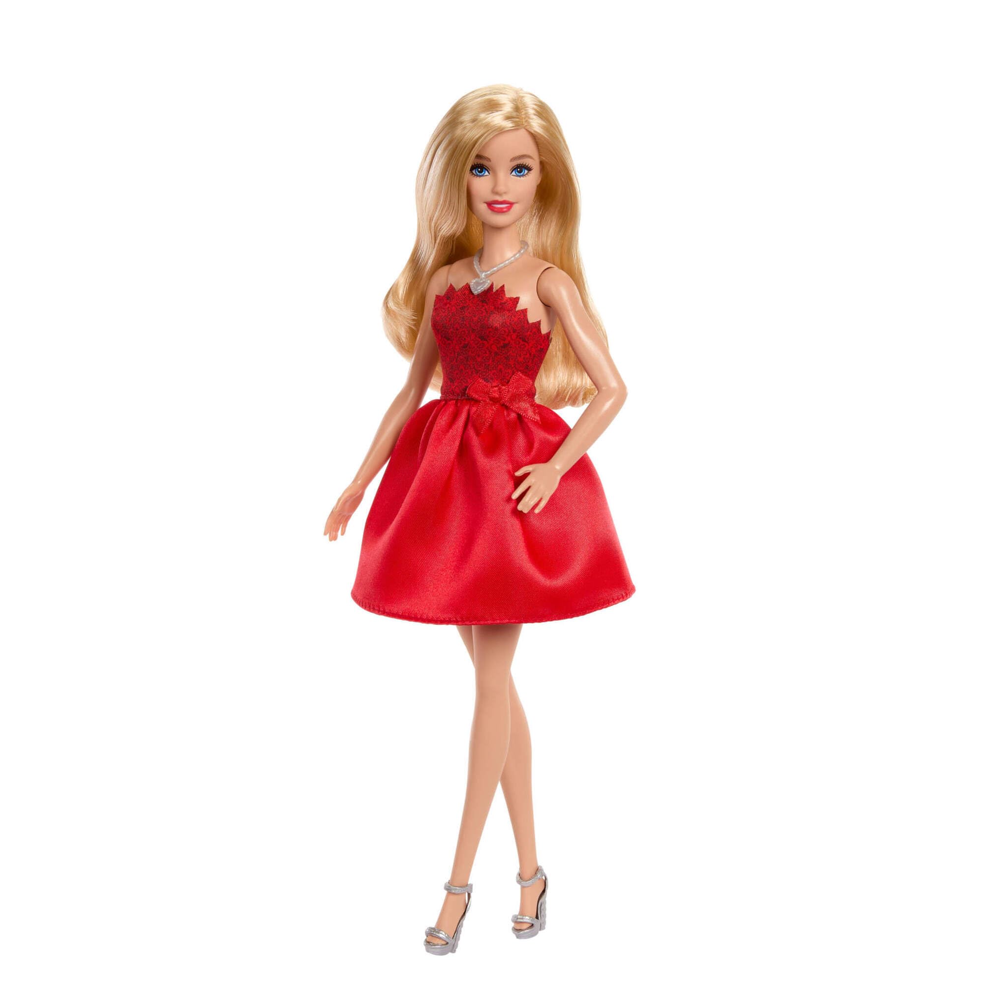 Barbie Mattel 80 aniversario Muñeca de moda de celebración rubia con vestido rojo rubí, collar y zapatos plateados, juguete coleccionable, JGD25