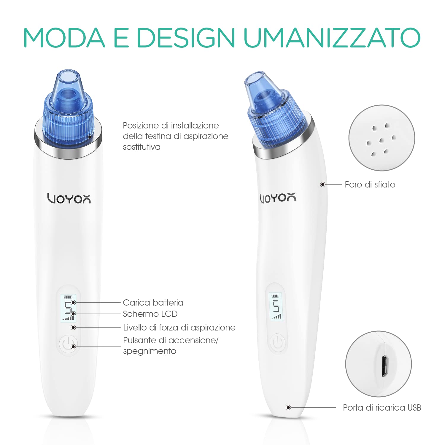 VOYOR Aspirapolvere punto nero professionale 6 in 1 estrattore di punti nero elettrico pneumatico comedoni acne detergente per pori cura viso donna, 6 sonde e 5 modalità, ricaricabile con display LCD
