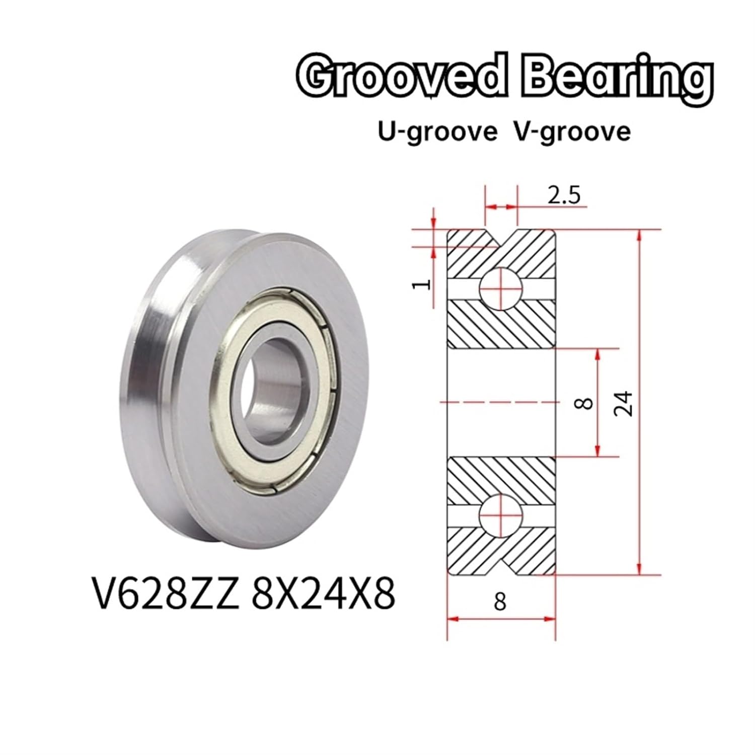 Deep Groove Ball Bearing 4pcs V-Grooved Bearing 623 624 625 Outer Ring Grooved Bearing 626 627 628 629U V-Type Straightened Pulley (Size : V628-2.5-1)