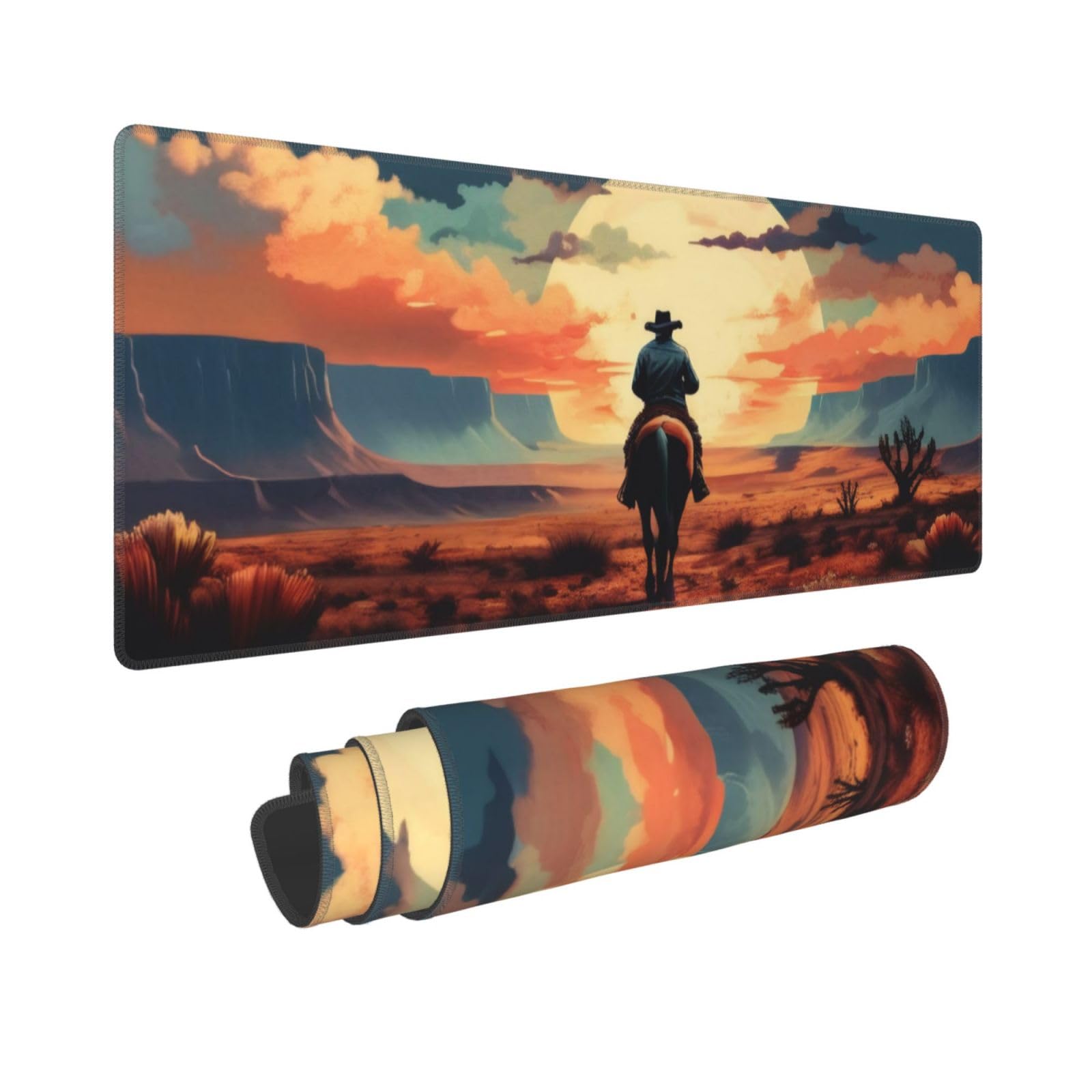 Gaming Mouse Pad, Large Non-Slip Rubber Base Mousepad, Keyboard Mouse Mat, Desk Pad with Stitched Edges, 31.5x11.8inch,Western Cowboys at Sunset