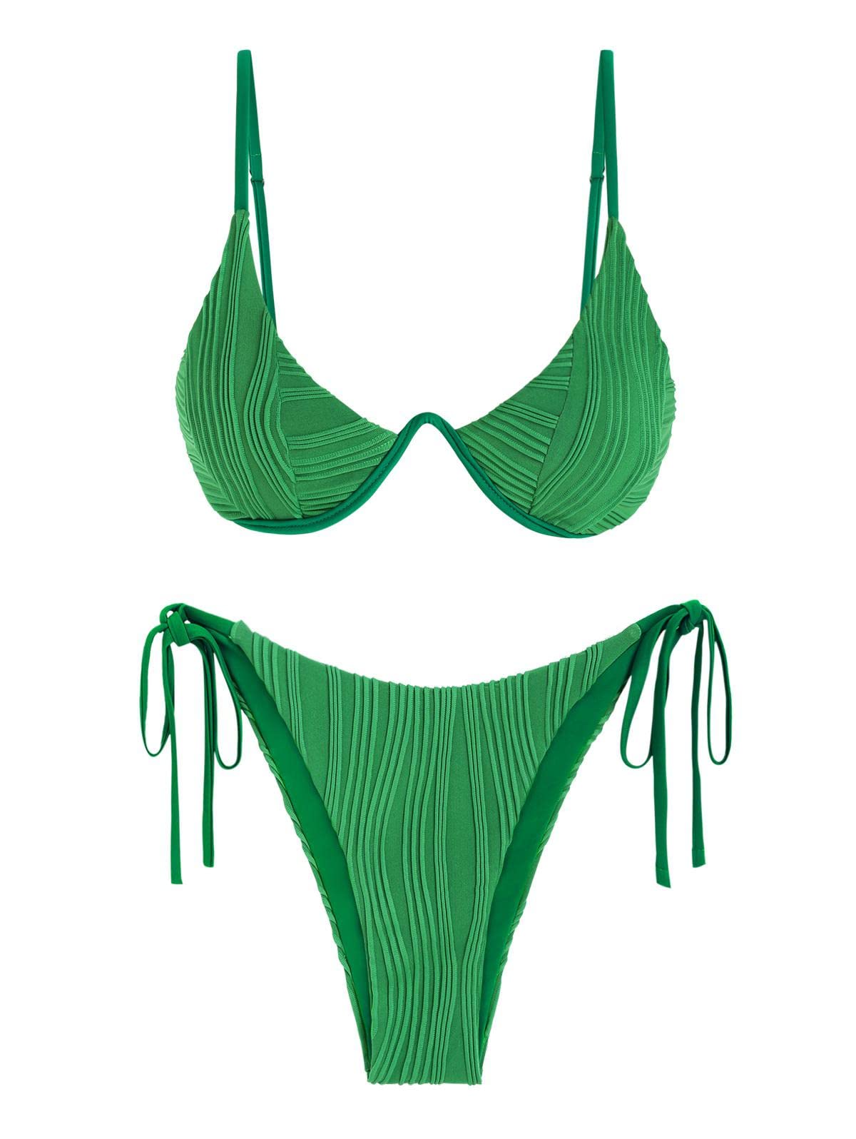 ZAFULWomen's Textured Underwire Bikini Set V Notch High Cut Swimwear Tie Side Ribbed Sexy Swimsuits