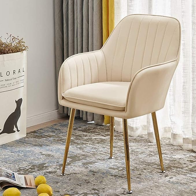 CHAIR CRAFT Velvet Upholstered Modern Accent Arm Chair for Living and Dining Room Mid-Century Club Guest Seat with Golden Legs Standard (White)-image-21