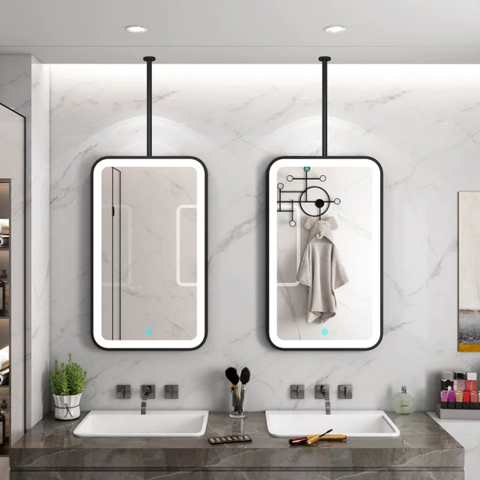 FGXHHS Ceiling Hanging with LED Lights，Wall Mounted Vanity Mirrors 3 Colors Dimmable Strip Light，Metal Frame Illuminated for Home Décor Mirrors(40cmx70cm)