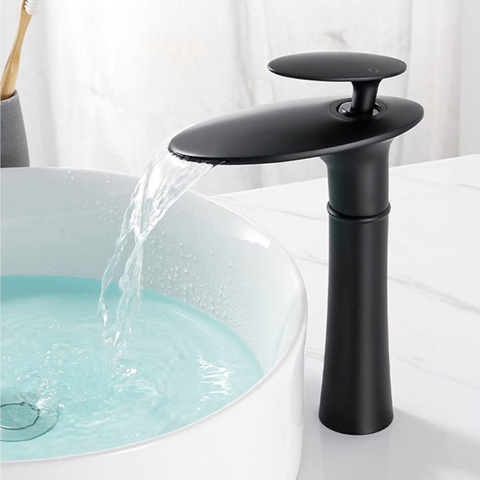 ZYCHSJXA Basin Tap, Hot and Cold Water Sink Brass, Waterfall Spout Single Handle Bathroom Taps Mixer Faucet High, Black(Black,Short)