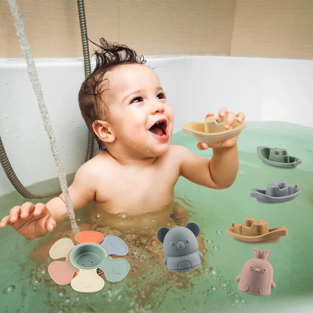 Jouet Bain Bébé, 16 Pièces Jouets de Bain Jouets à Presser Sensoriels avec Bateaux Empilables et Cuillère, Jeux de Bain Jouets de Douche de Bébé Amusants Jouets Flottants pour Bebe Enfant