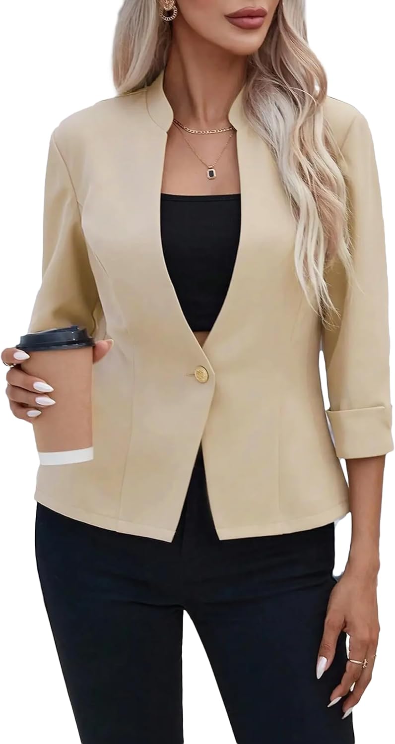Mina Self 2025 Women's Summer 3/4 Sleeve Blazer Jacket Lightweight Fully-Lined Slim Stand Collar Casual Petite Work Suits
