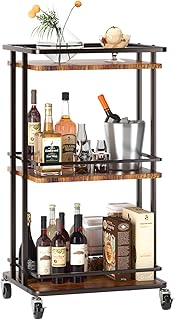 3 Tier Bar Cart for Home, Rolling Mini Liquor Bar for Wine Beverage Dinner Party, Utility Kitchen Storage Island Serving Cart on Wheels, Coffee Bar Cabinet for Kitchen Dining Living Room, Brown