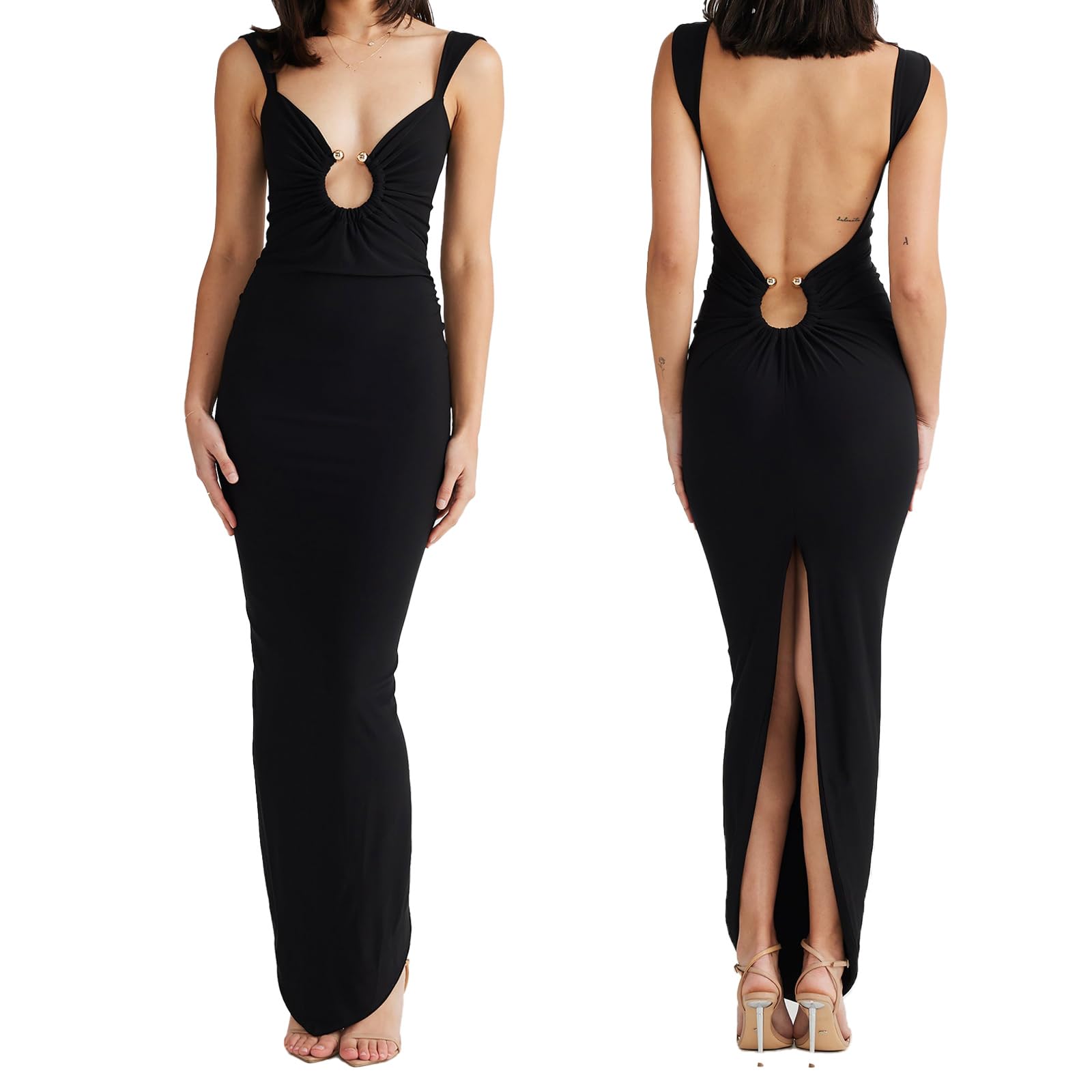 Women Sexy Backless Dress V Neck Sleeveless Open Back Split Maxi Dress Party Cocktail