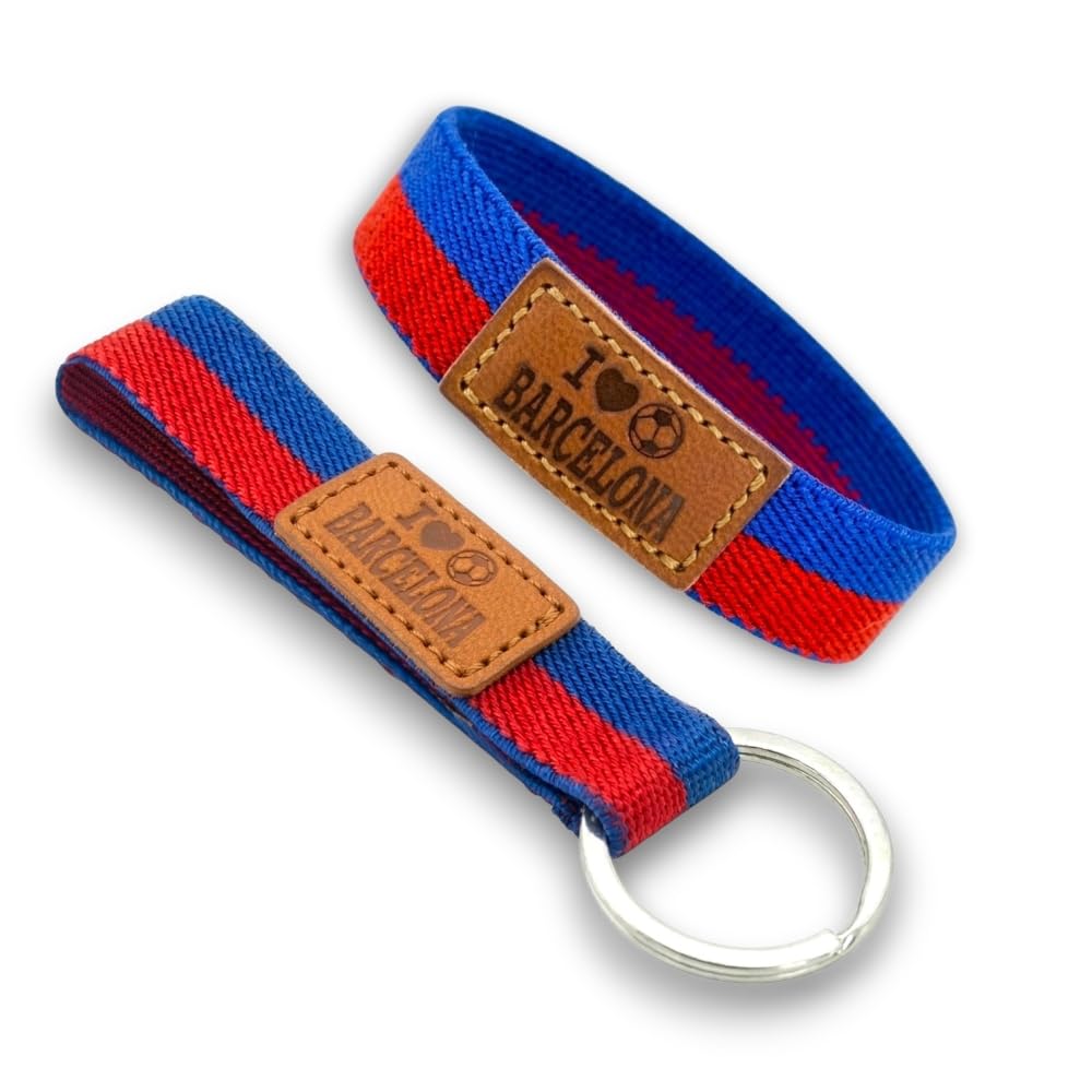 BDM Pulsera y Llavero Barcelona Azulgrana Futbol| Tela Elástica con Parche de Cuero "I Love Barcelona" | Tallas 16-18 cm y 18-20 cm | Pack o Individual — view 10