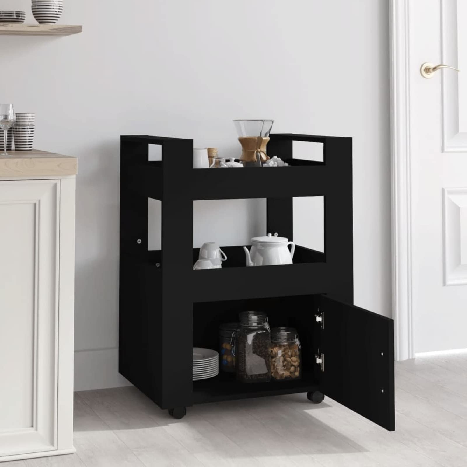 Homgoday Carrito Cocina,Carro asistido con Ruedas Carro de Cocina con Mueble Carro de Almacenamiento de Madera contrachapada para baño Cocina lavandería Negro 60x45x80 cm