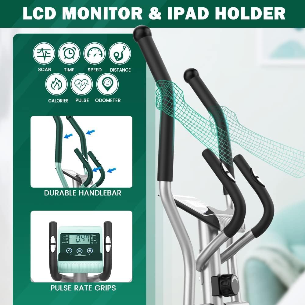 Close-up of the LCD monitor and tablet holder on the Dripex Elliptical, showing pulse grips.