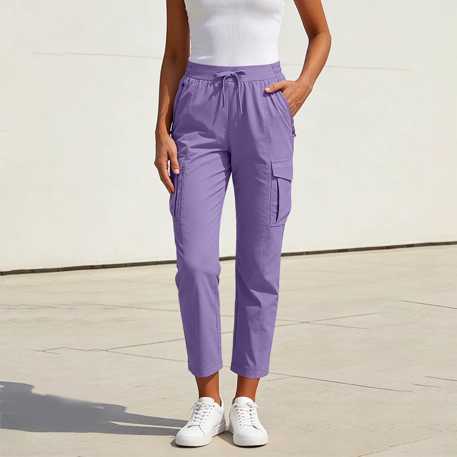 Womens Cargo Pants High Waisted Casual Loose Fit Straight Leg Baggy Wide Leg Hiking Pants with 4 Pockets