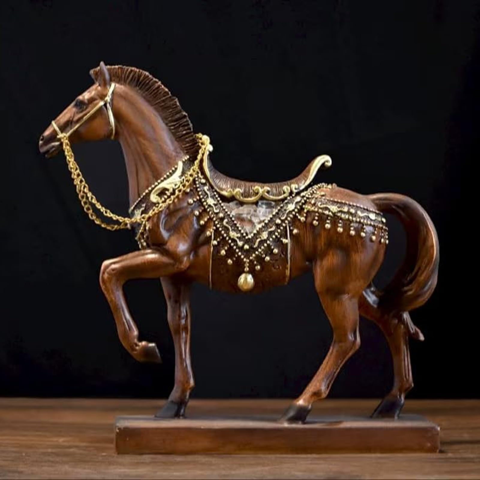 YUZDNM Decoration Art Statue Sculpture - 3D Horse Horse Statues Table Sculpture, with Ornate Gold Saddle(Brown)