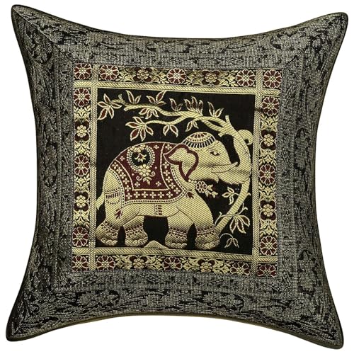Image of Banarasi Jacquard Weaves Silk Settee Couch Cushion Covers 16 by 16 Set of 5 Gold Decorative Square Elephant Traditional Brocade Home Decor Cushions 16x16 for Sofa Lounge (Black)