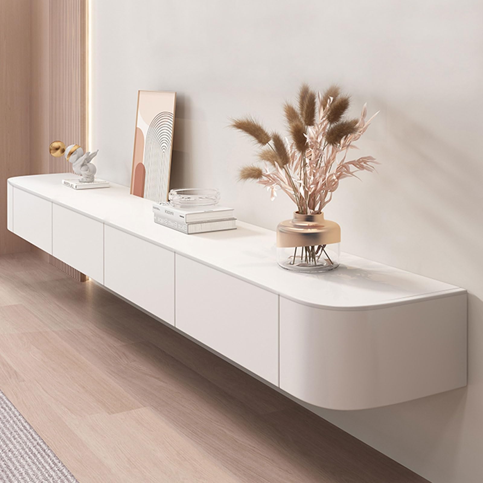 Moderno soporte flotante de pared para TV con puertas abatibles y estantes, elegante centro de entretenimiento para televisores de 40 a 130 pulgadas, mesa consola que ahorra espacio para sala de estar