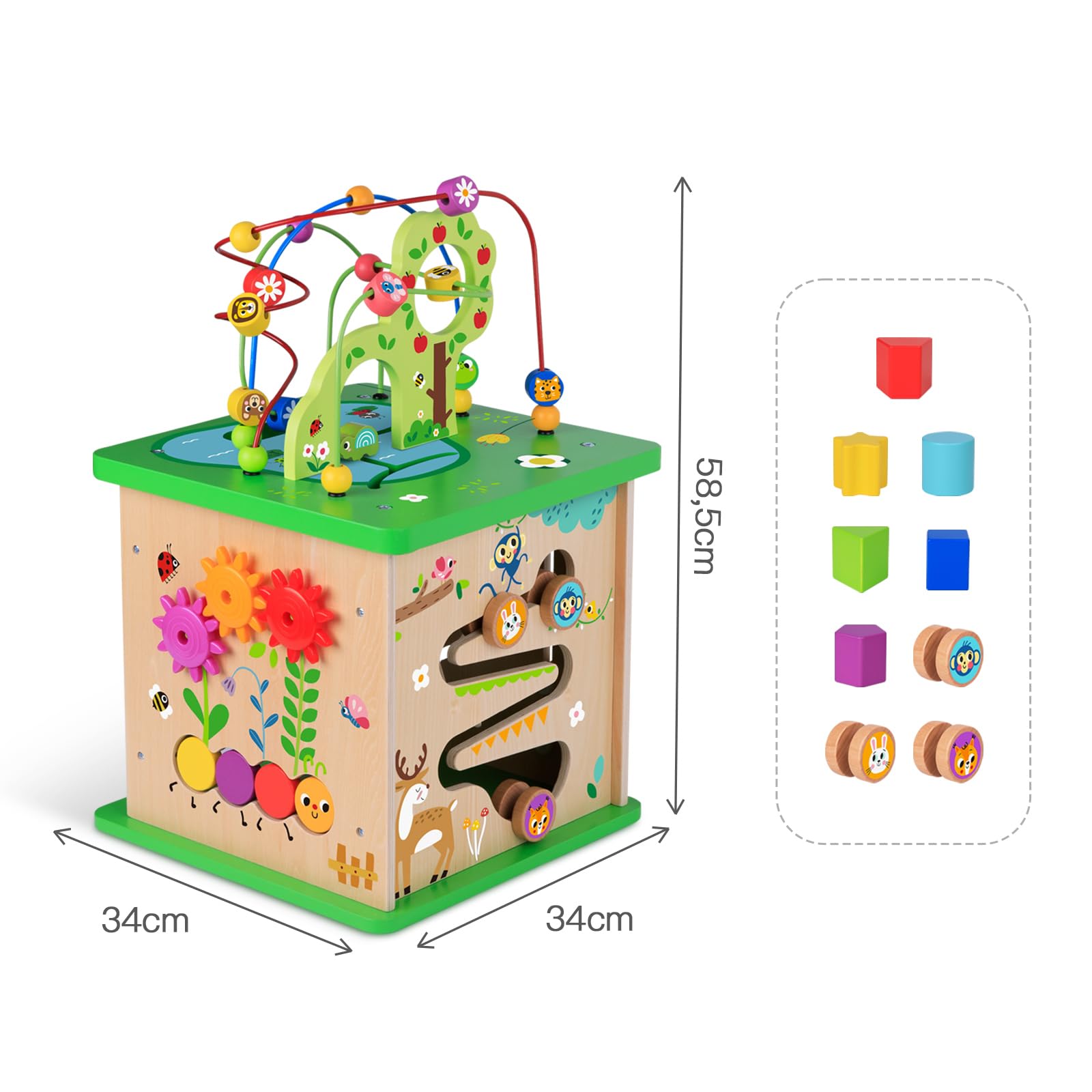 OOOK 5 in 1 Motorikwürfel, Motorikwürfel Groß aus Holz 58,5 X 33 X 33, Activity Board Tisch mit Motorikschleife, Motorikspielzeug für Kleinkinder
