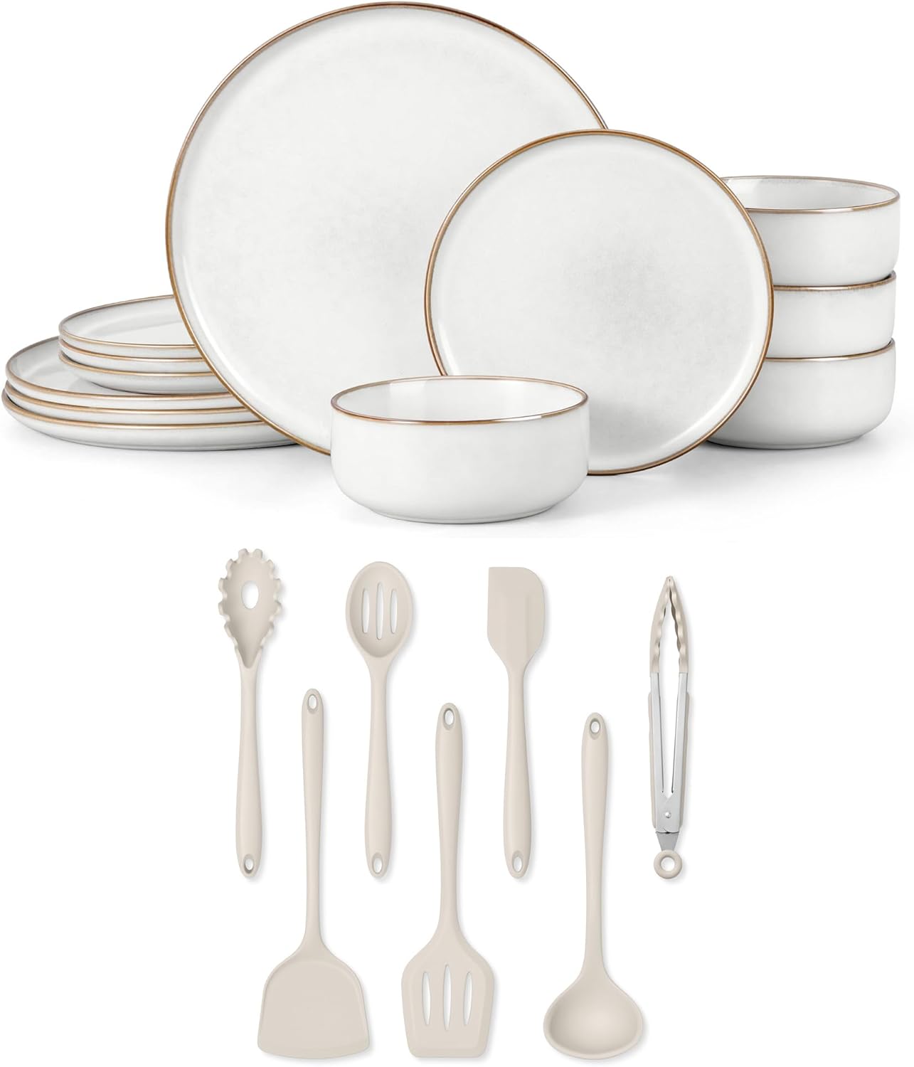 Herogo Silicone Cooking Utensils Set, 7-Piece Kitchen Utensils Set with 12 Pieces Stoneware Dinnerware Sets, Heat Resistant Cooking Gadget Tools