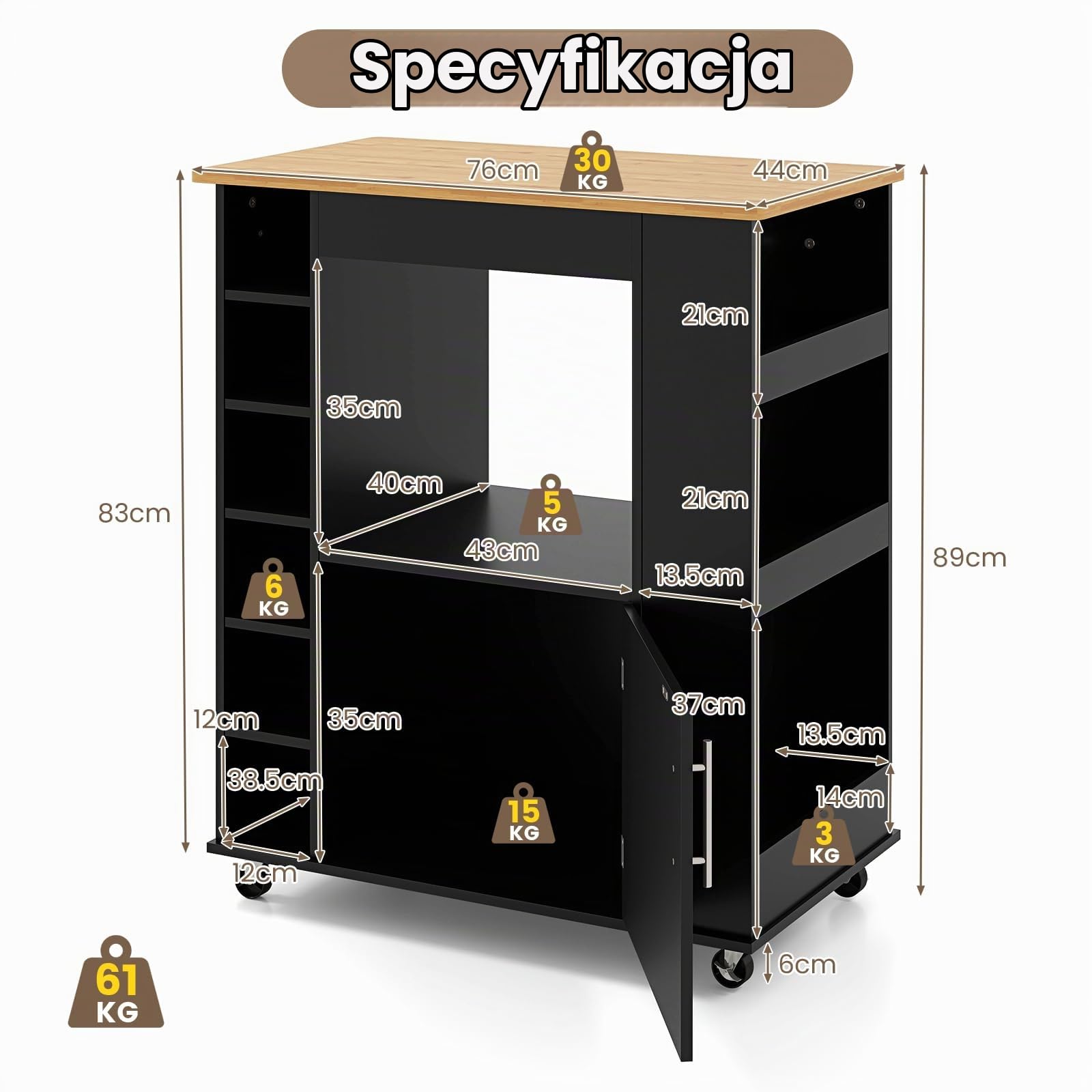 KOMFOTTEU wózek kuchenny do serwowania, wózek kuchenny z blatem roboczym i regałem na 6 butelek wina, uniwersalny wózek kuchenny na kółkach do kuchni, jadalni, baru (czarny)