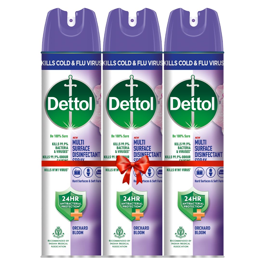 Dettol Multi-Surface Disinfectant Sanitizer Spray Bottle | 24 hours protection| Germ Kill on Hard and Soft Surfaces (Orchard Bloom, 225ml) (Pack of 3)
